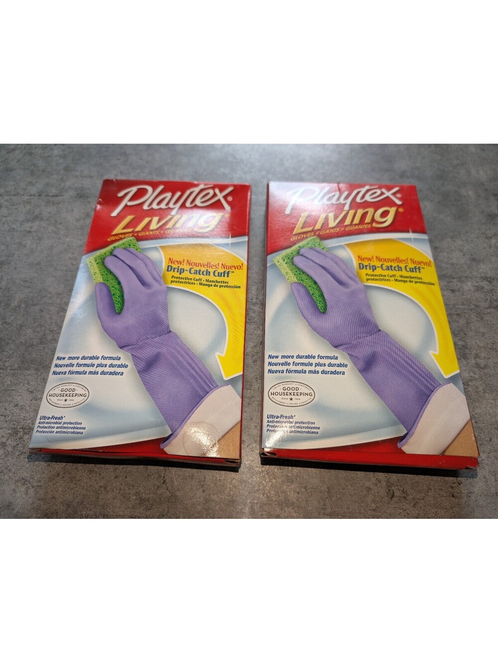 Playtex Living 2 Boxes Purple Rubber Gloves Drip Catch Cuff NOS Size Large NEW